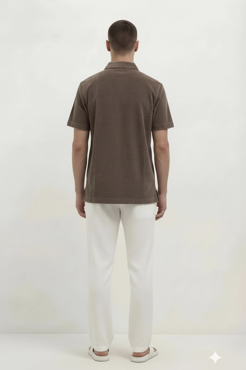 Men Espresso Solid Polo Collar T-shirt