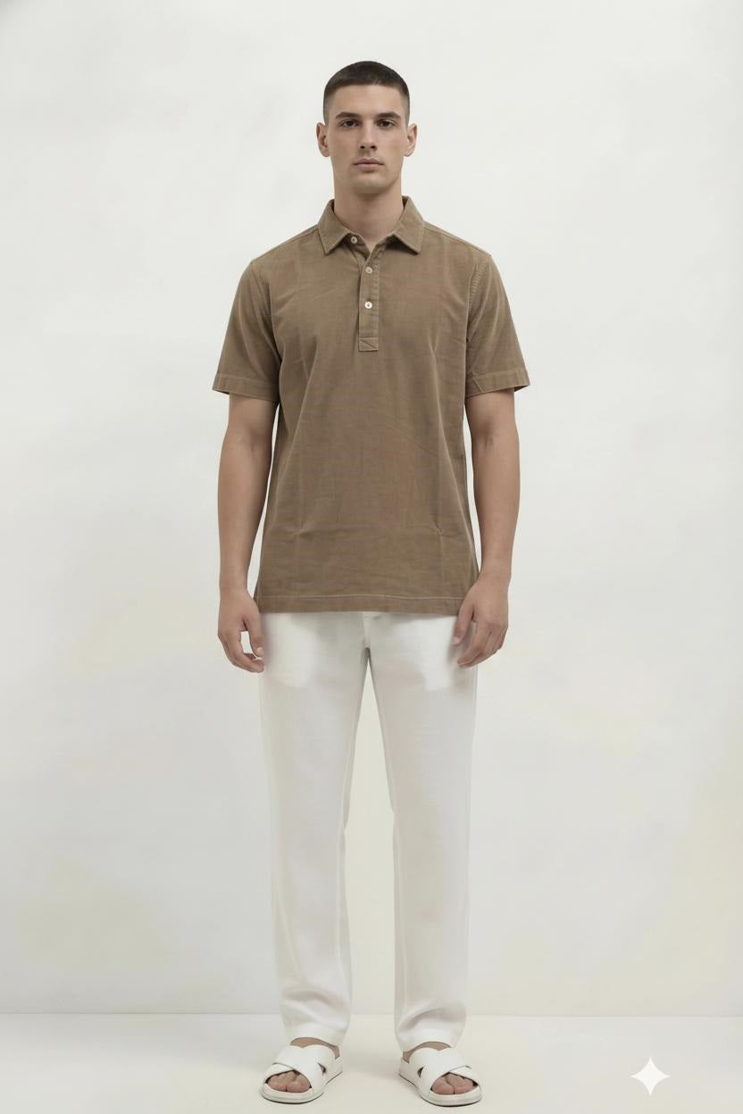 Men Khaki Solid Polo Collar T-shirt