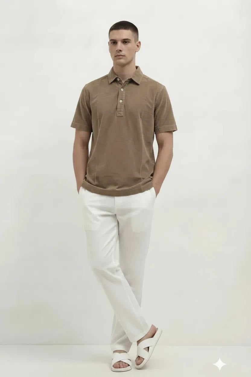 Men Khaki Solid Polo Collar T-shirt