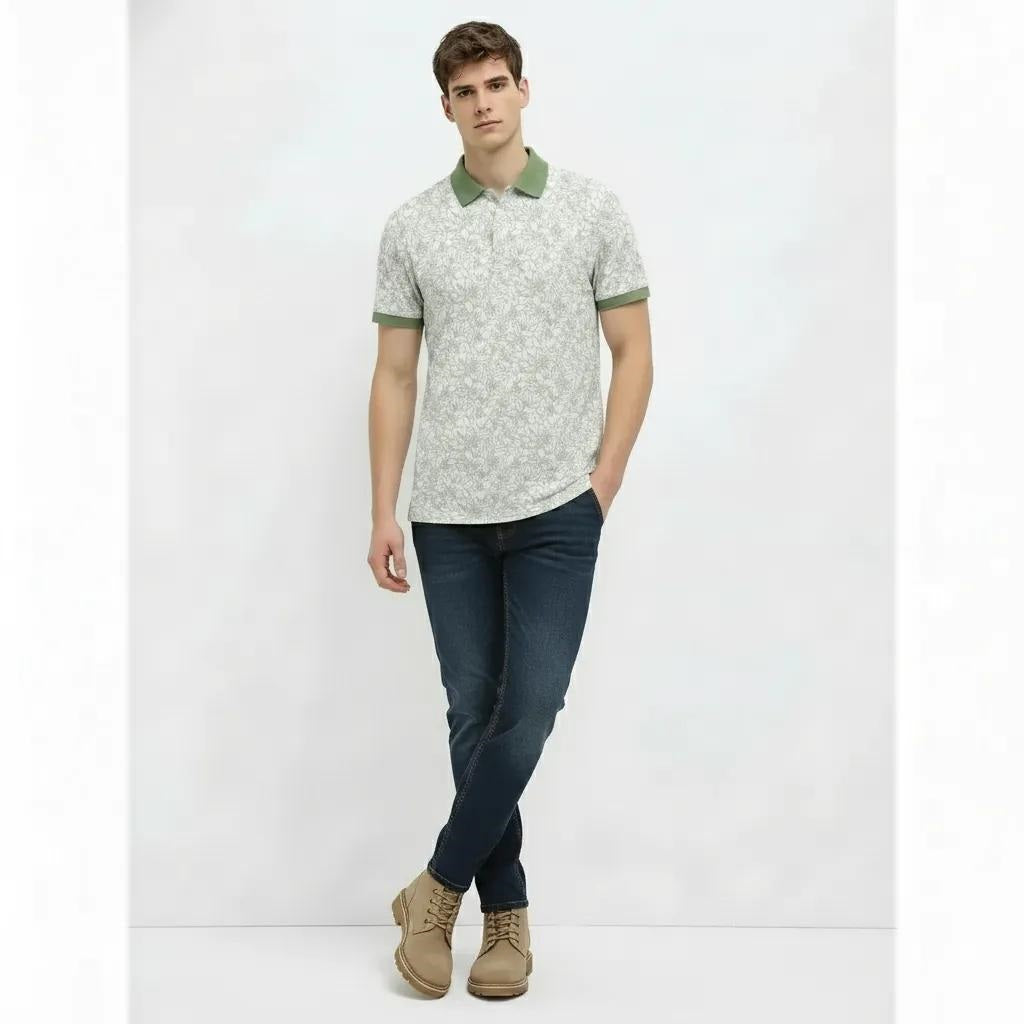 Men Desert Sage Floral Printed Polo Collar T-shirt