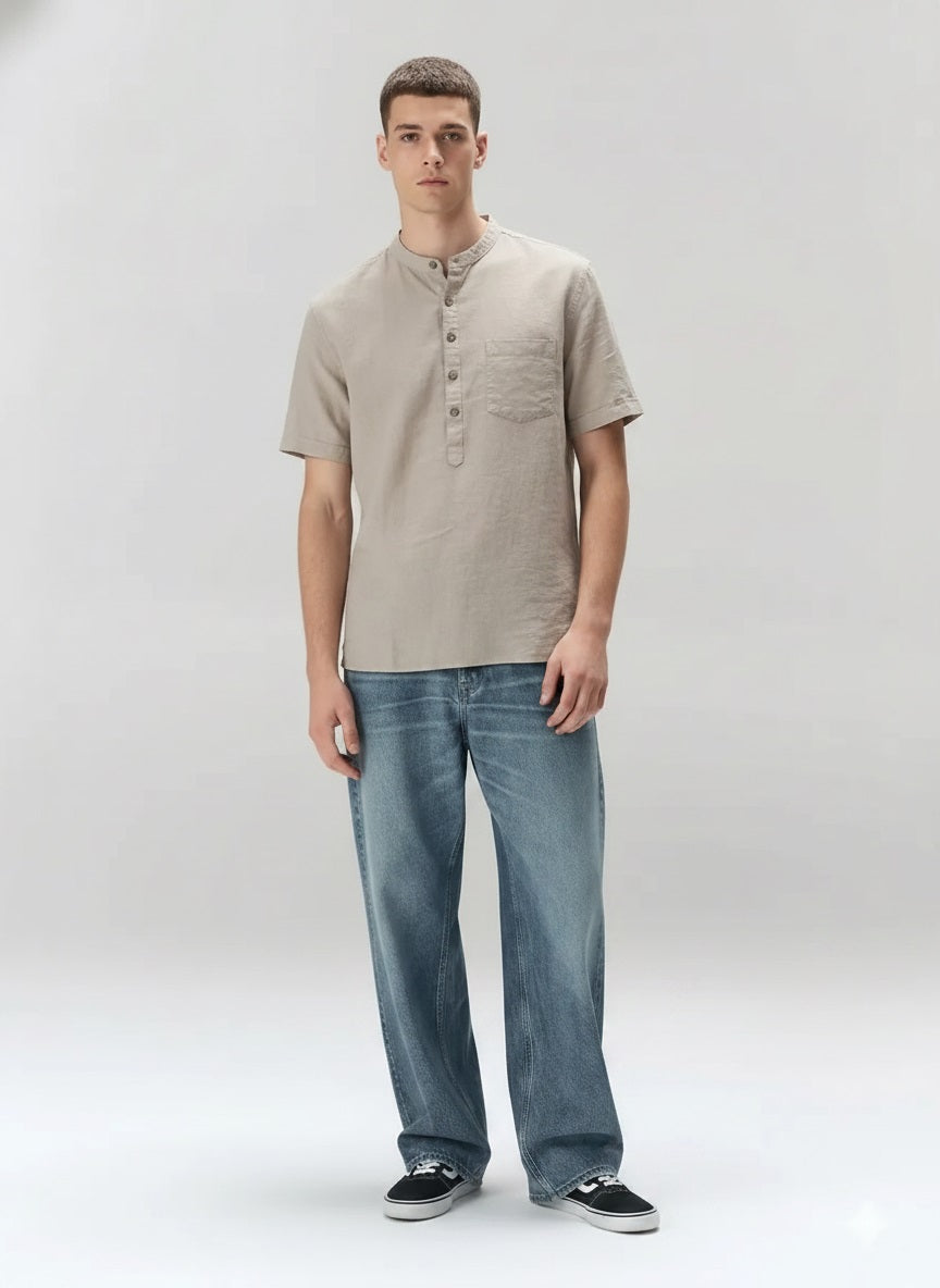 Men Mandarin Collar Pockets T-shirt