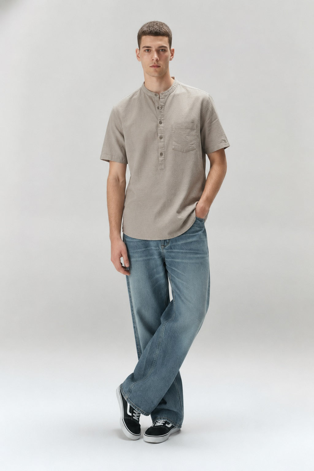 Men Mandarin Collar Pockets T-shirt