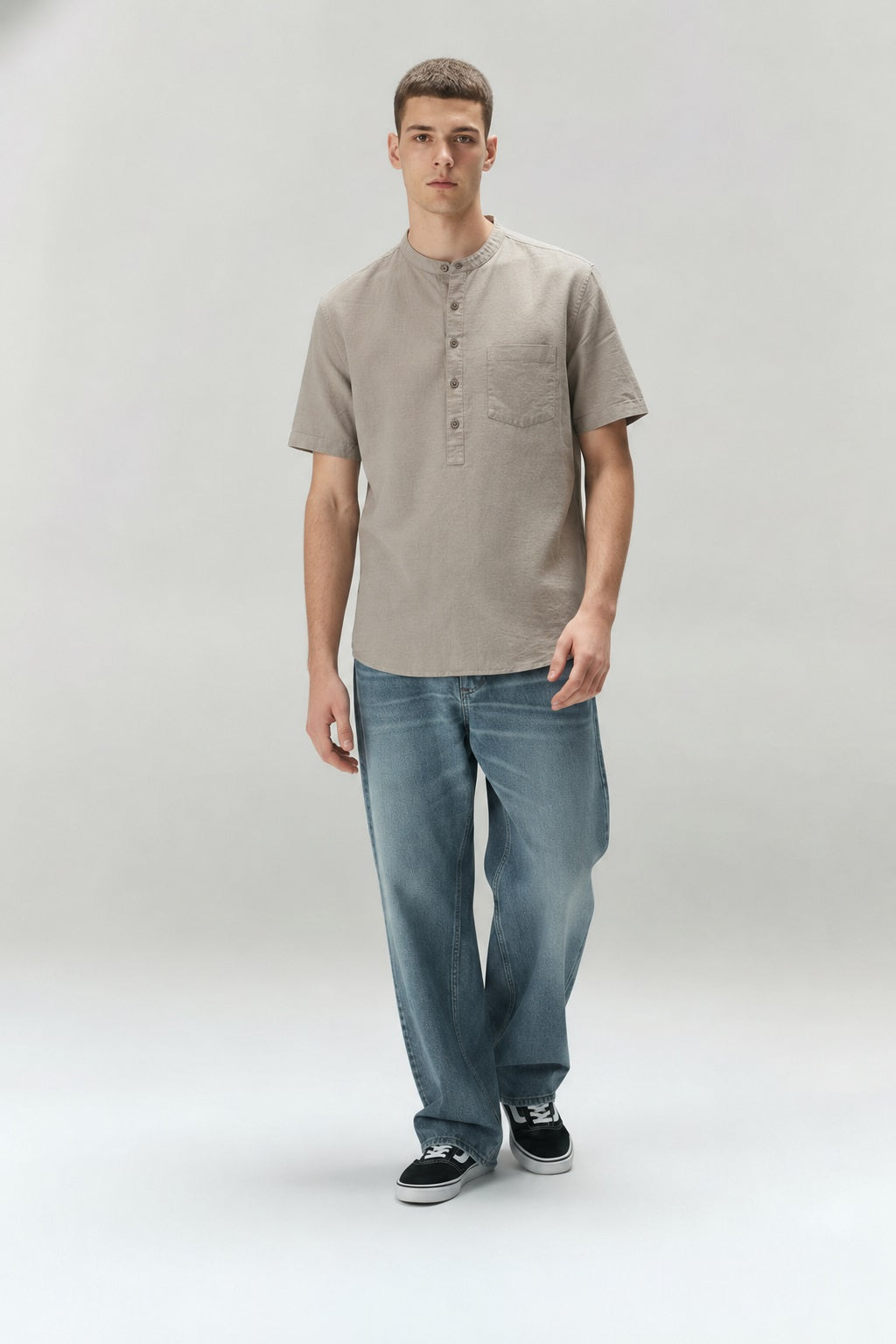 Men Mandarin Collar Pockets T-shirt