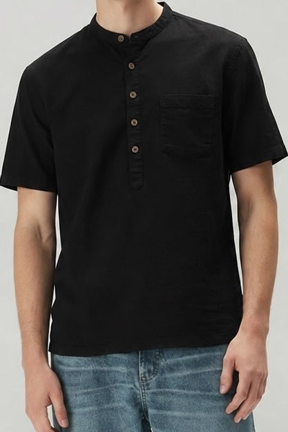 Men Black Mandarin Collar Pockets T-shirt