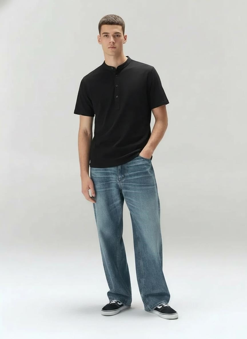 Men Black Mandarin Collar Pockets T-shirt