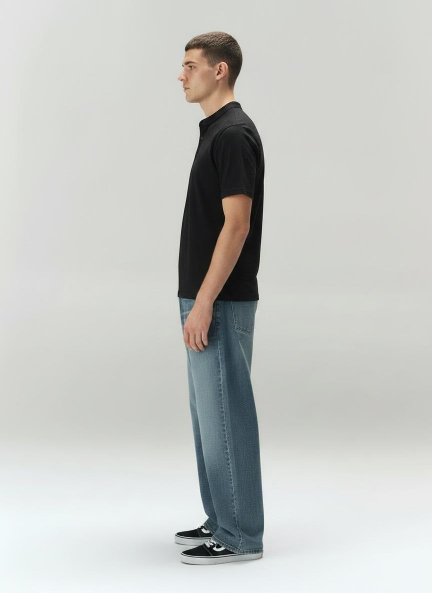 Men Black Mandarin Collar Pockets T-shirt