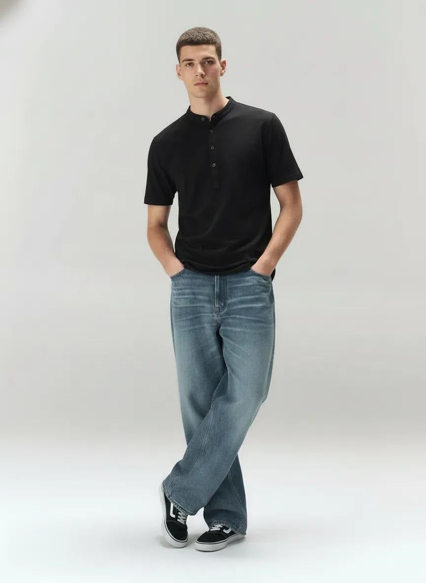 Men Black Mandarin Collar Pockets T-shirt