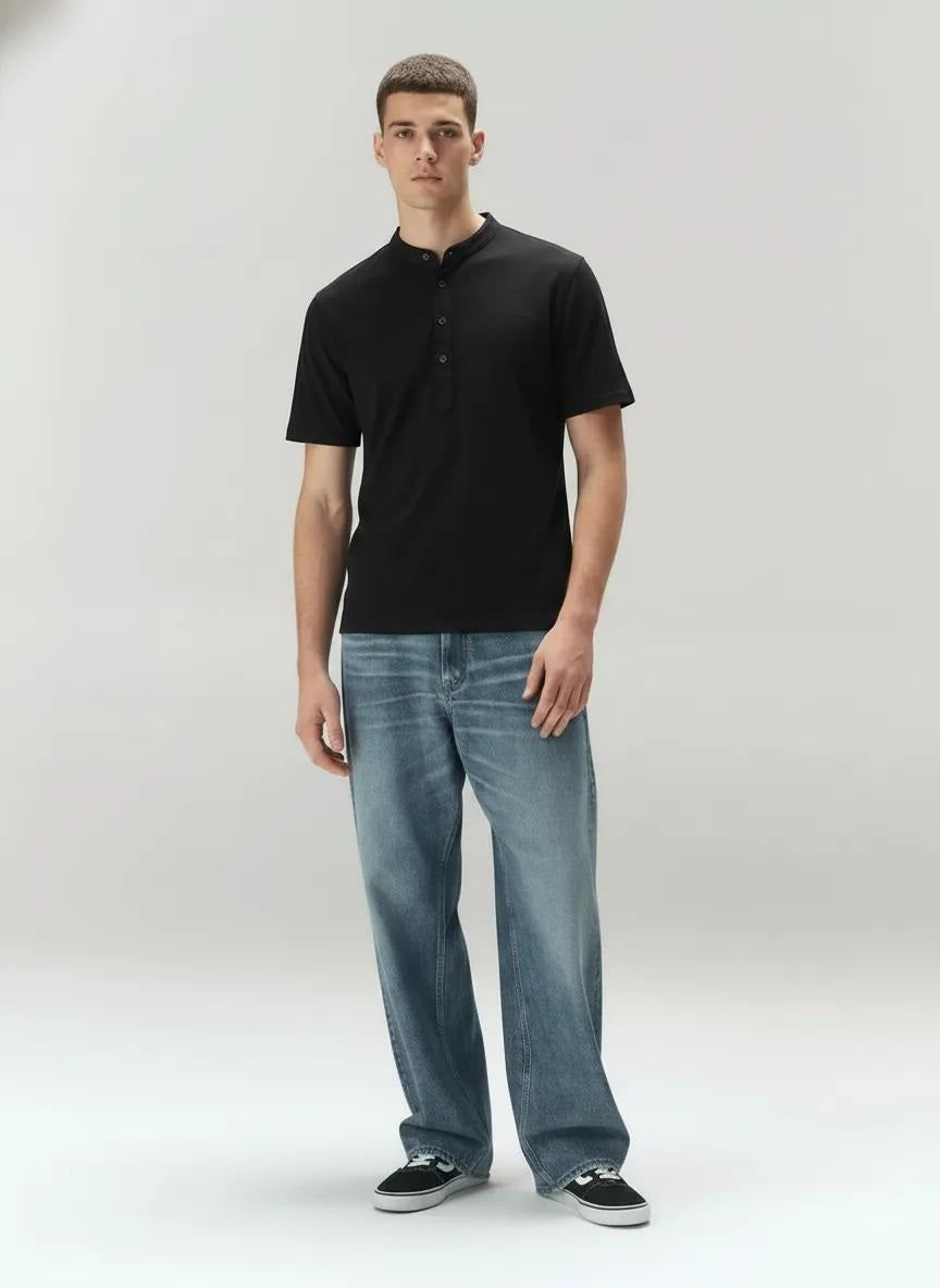 Men Black Mandarin Collar Pockets T-shirt