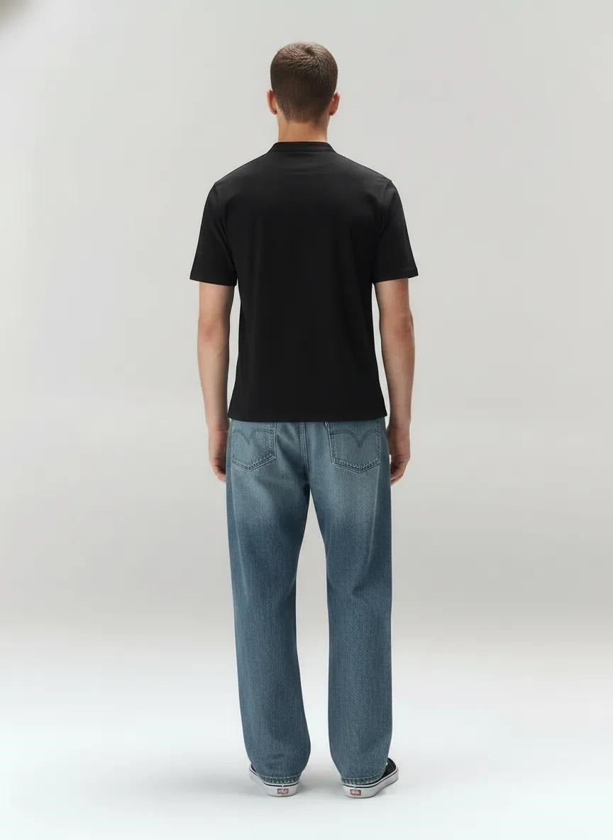 Men Black Mandarin Collar Pockets T-shirt