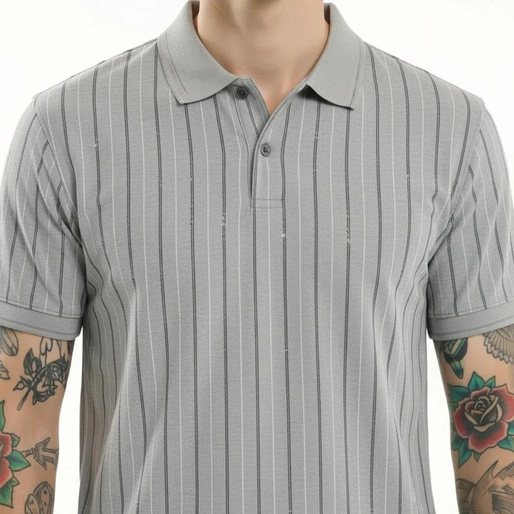 Octave Men Aluminium Striped Polo Collar T-shirt