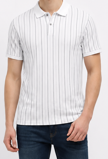 Men White Striped Polo Collar T-shirt