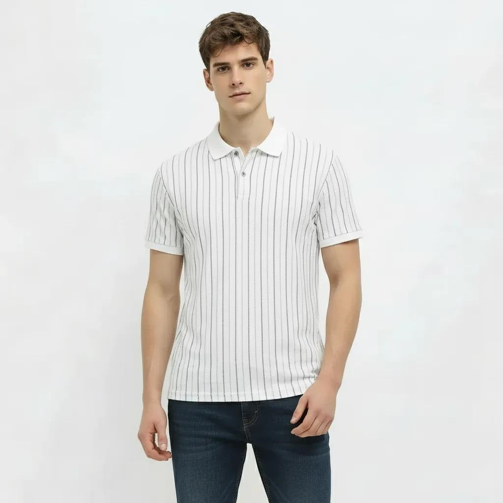 Men White Striped Polo Collar T-shirt