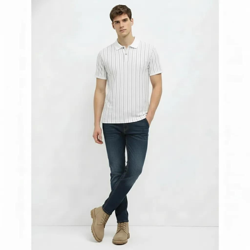 Men White Striped Polo Collar T-shirt