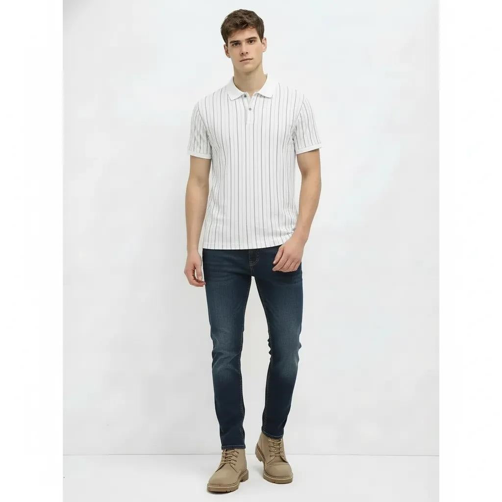 Men White Striped Polo Collar T-shirt