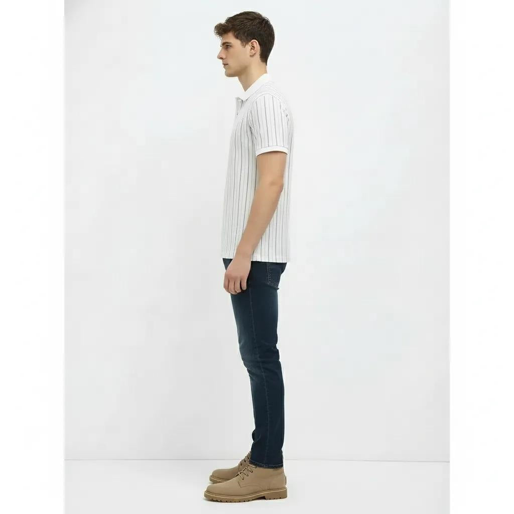 Men White Striped Polo Collar T-shirt