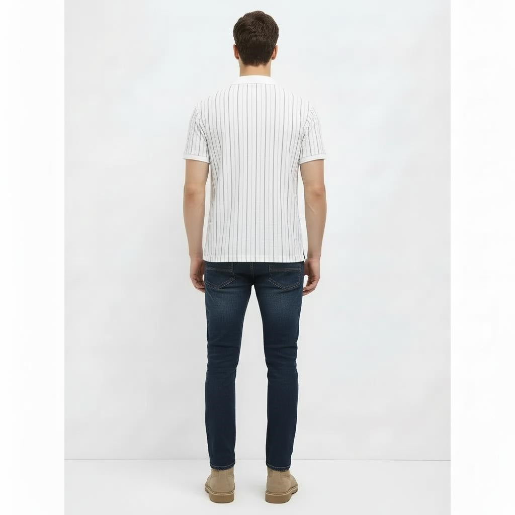 Men White Striped Polo Collar T-shirt