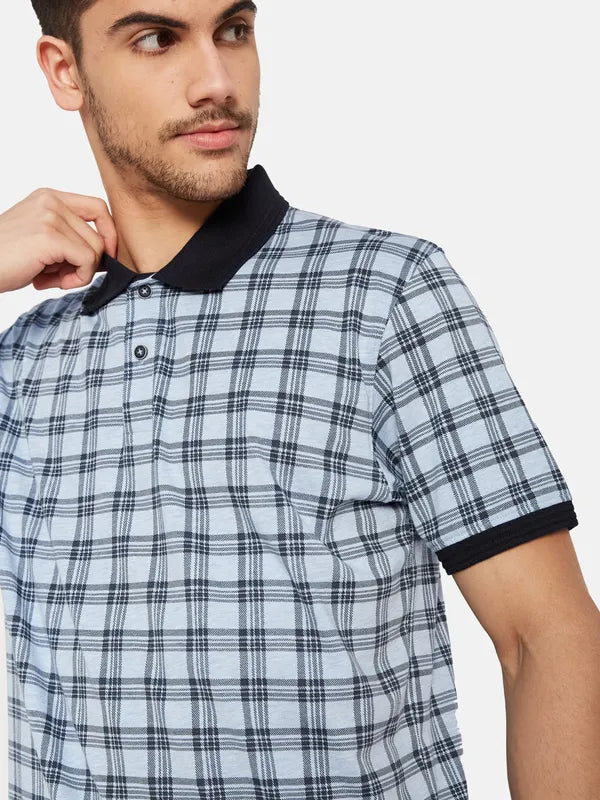 Contrast Rib Check Print Polo T-Shirt