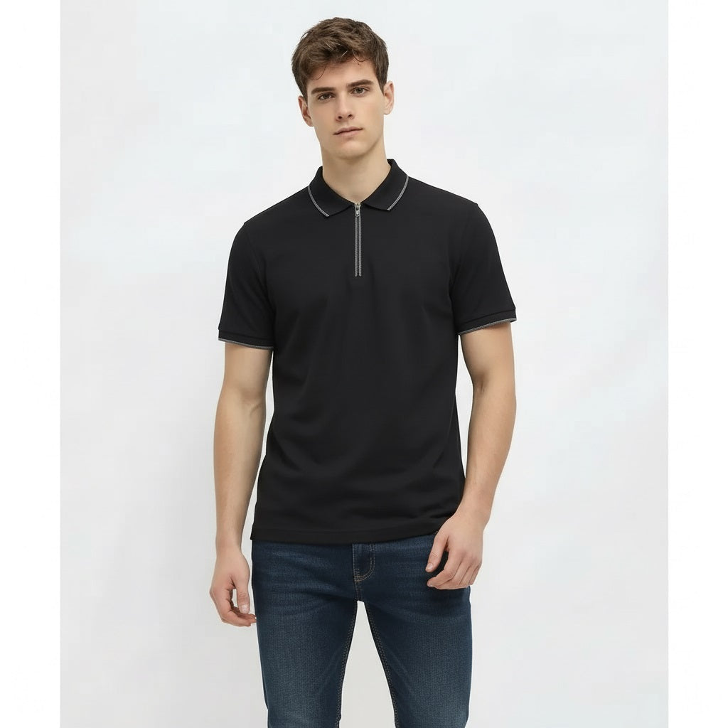 Men Black Sold Polo Collar T-shirt