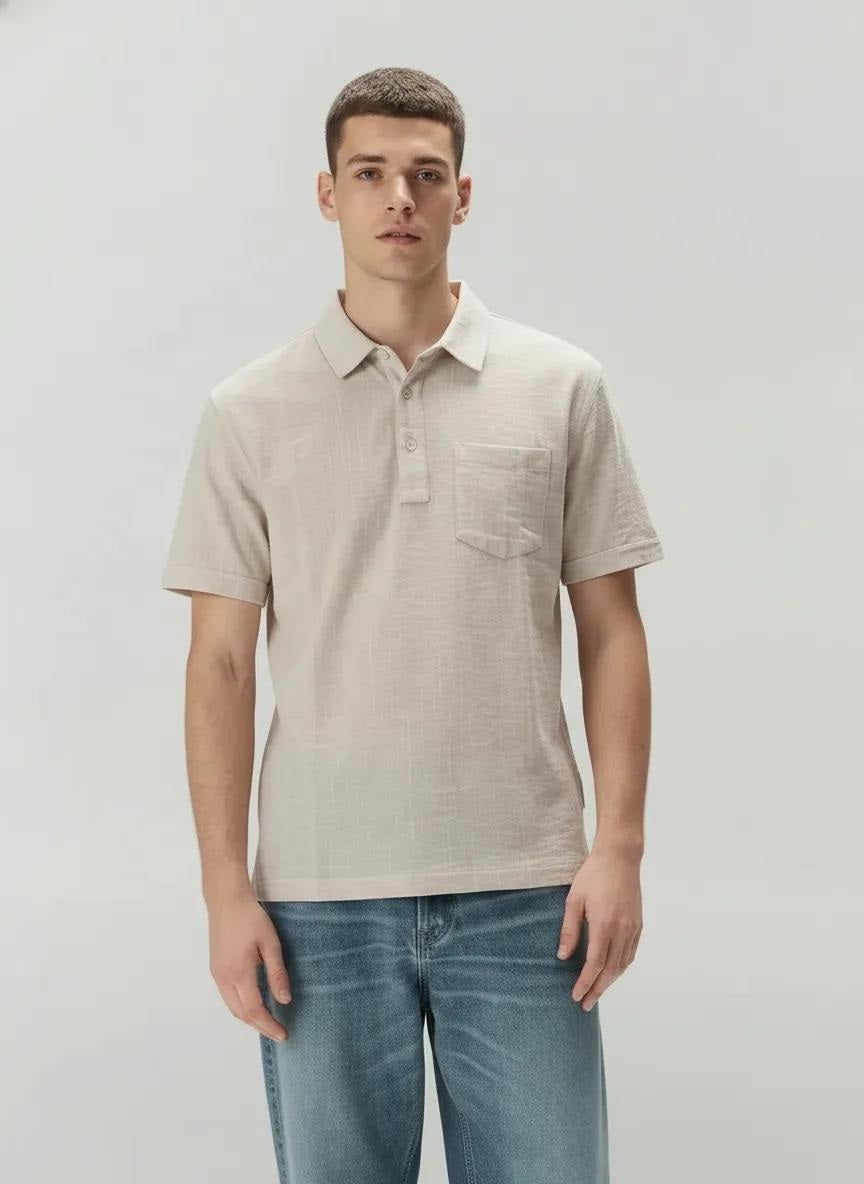 Men Natural Polo Collar Pockets T-shirt
