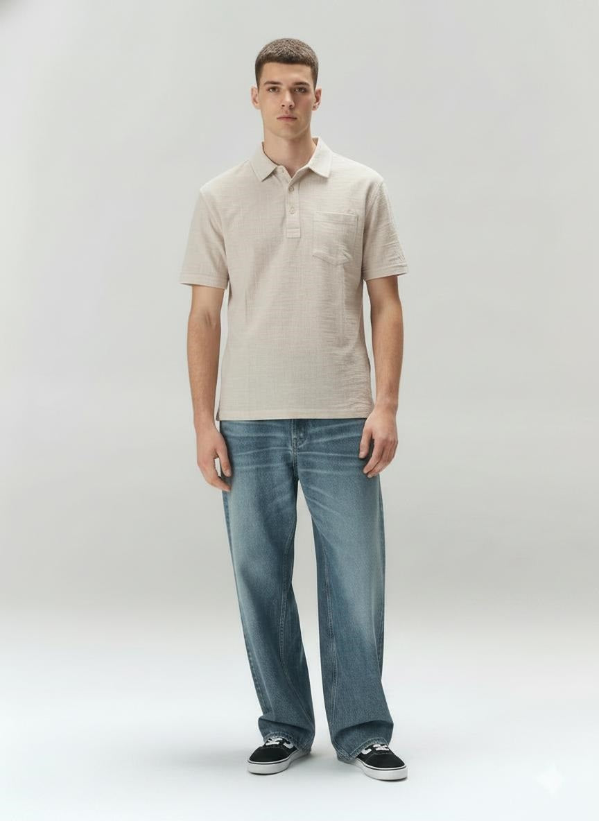 Men Natural Polo Collar Pockets T-shirt