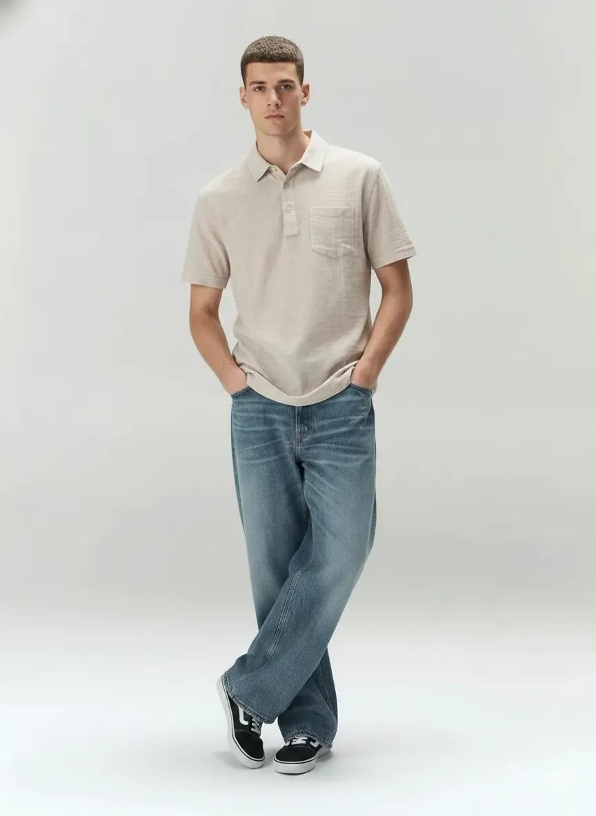 Men Natural Polo Collar Pockets T-shirt