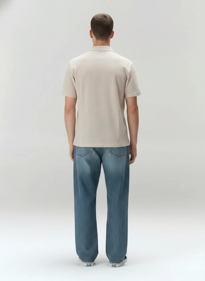 Men Natural Polo Collar Pockets T-shirt