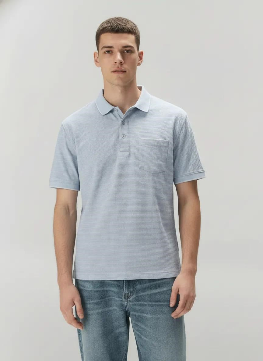Men Sky Polo Collar Pockets T-shirt