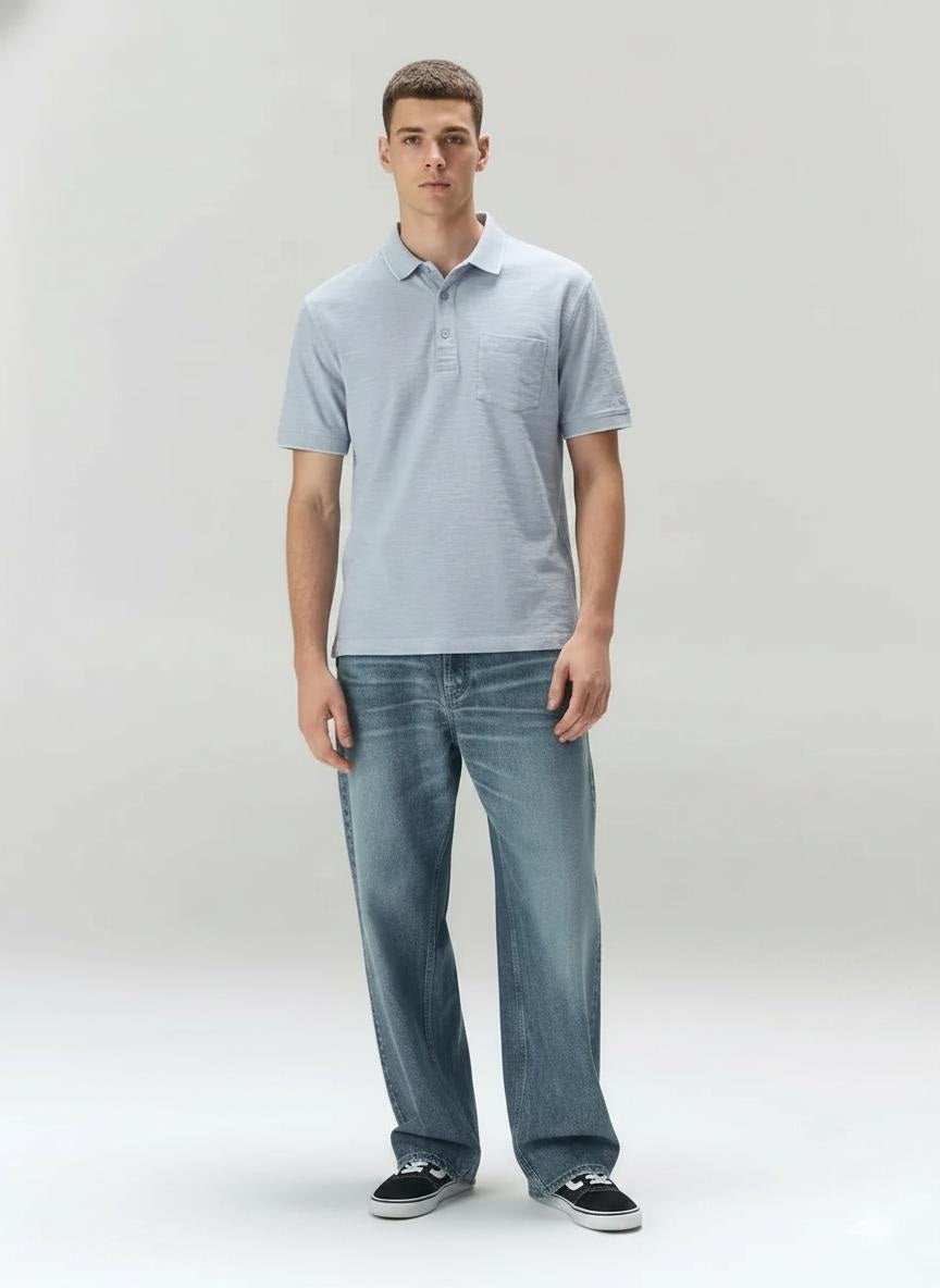 Men Sky Polo Collar Pockets T-shirt