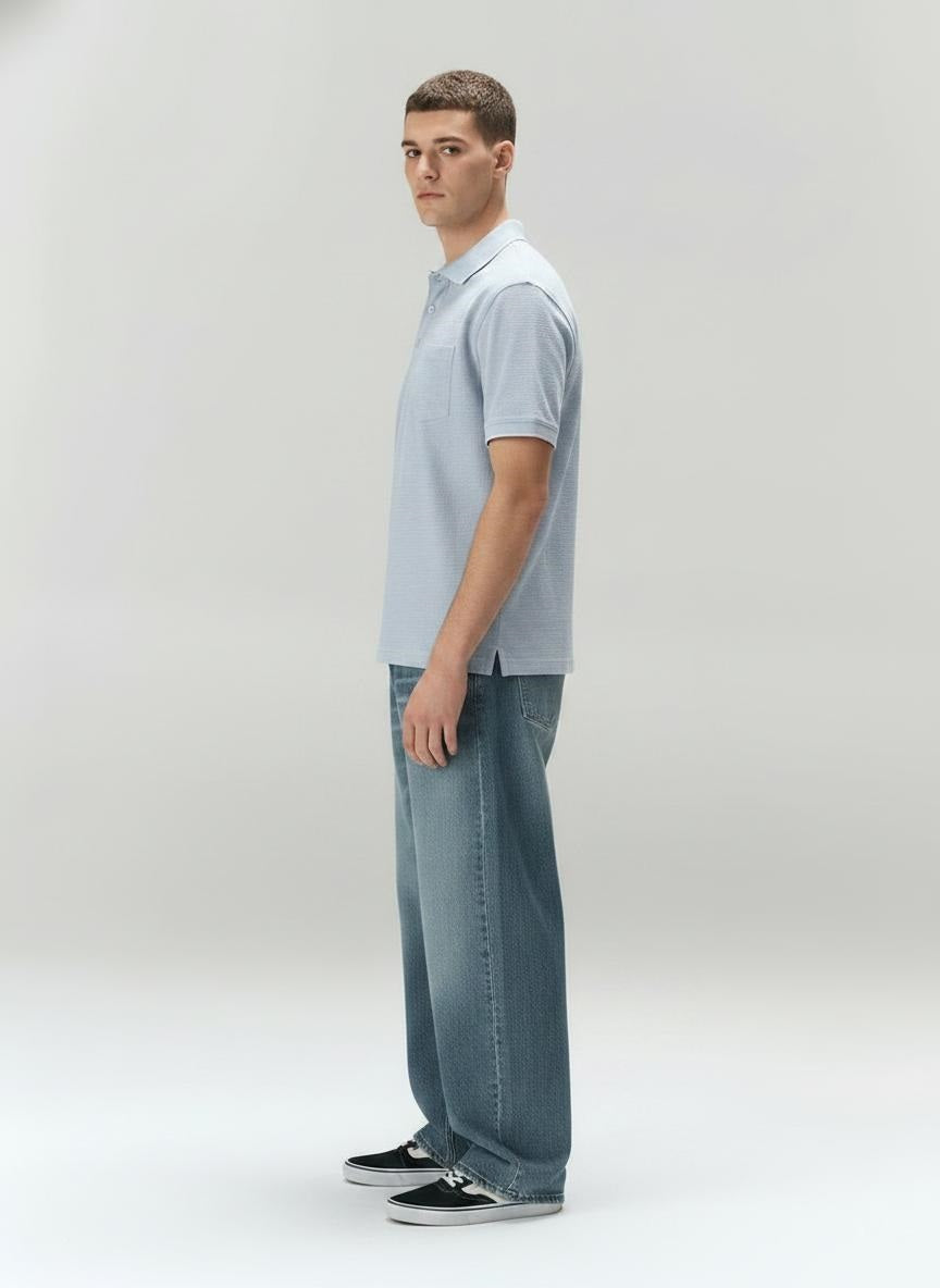 Men Sky Polo Collar Pockets T-shirt