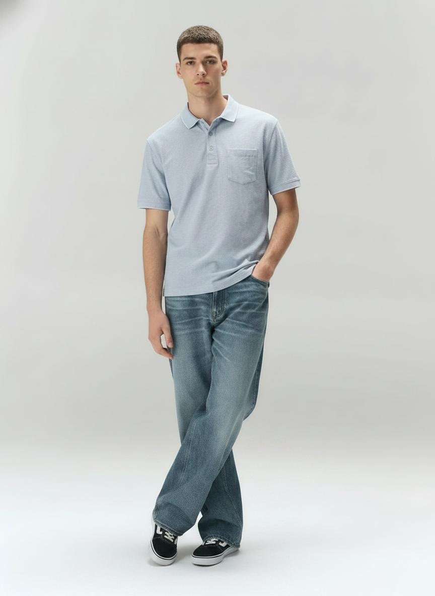 Men Sky Polo Collar Pockets T-shirt