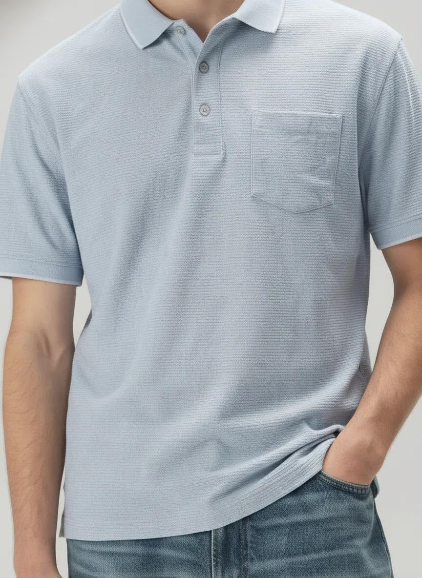 Men Sky Polo Collar Pockets T-shirt