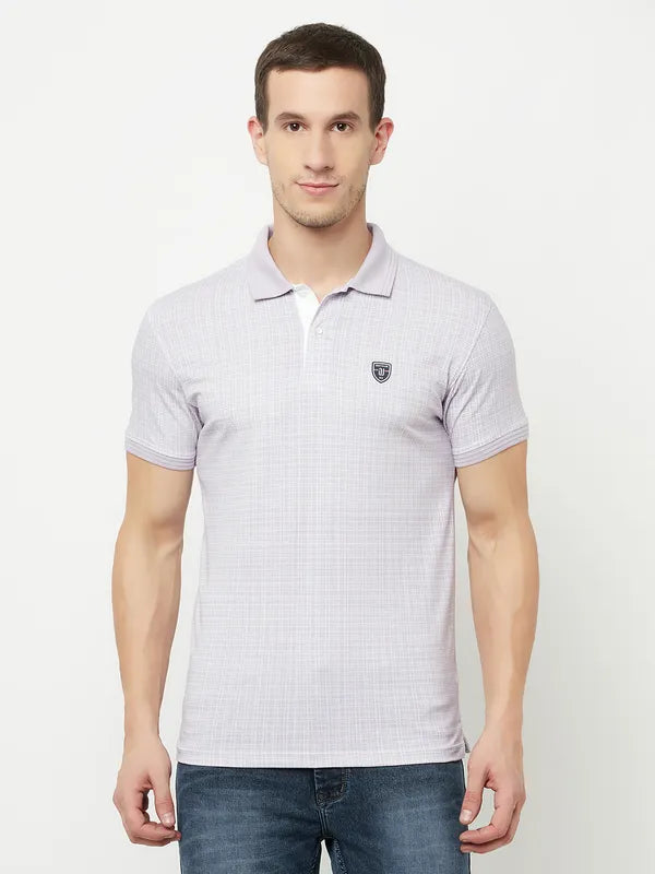 Octave Men Purple Checked Polo Collar Applique T-Shirt