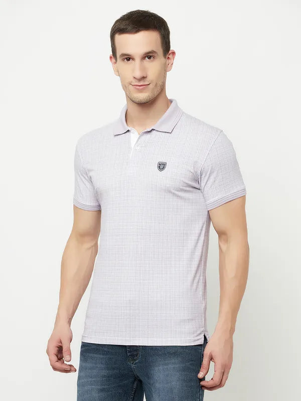 Octave Men Purple Checked Polo Collar Applique T-Shirt