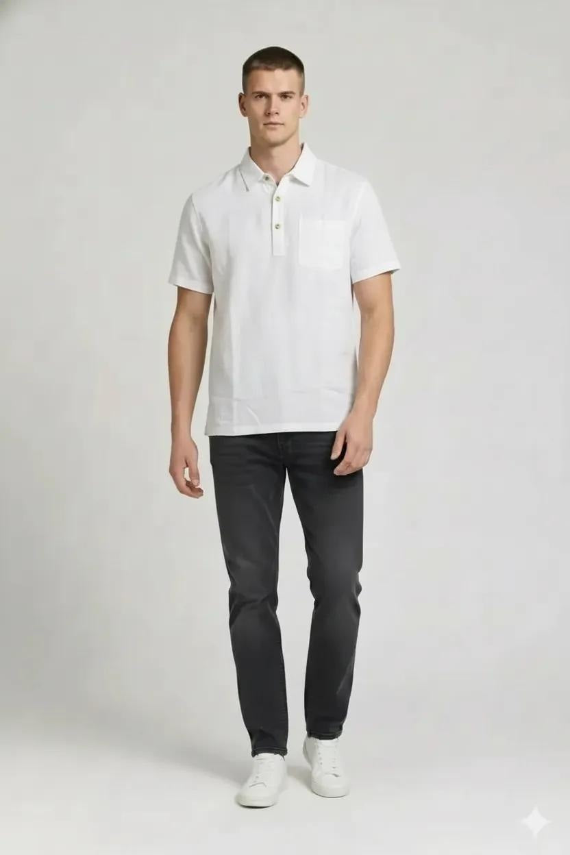 Men White Polo Collar Pockets T-shirt-Style ID