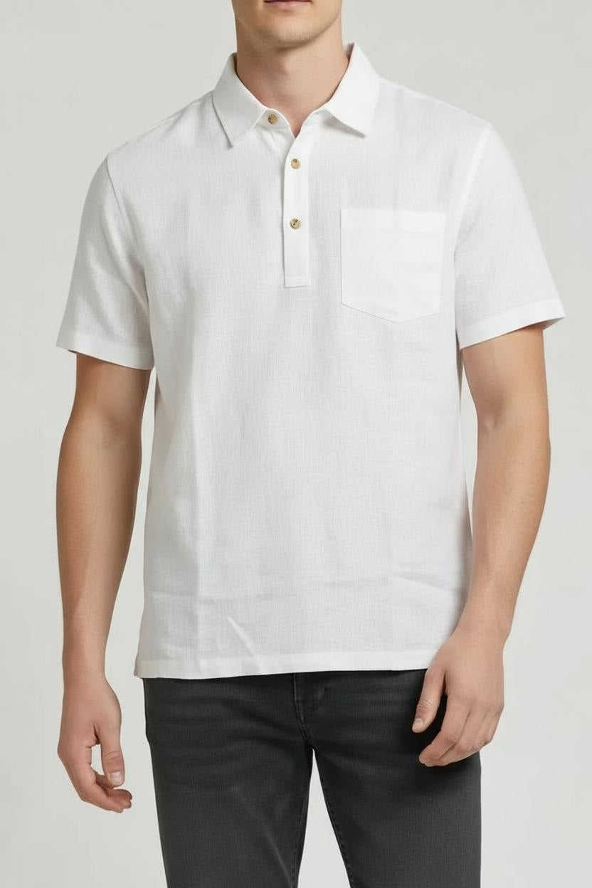Men White Polo Collar Pockets T-shirt-Style ID