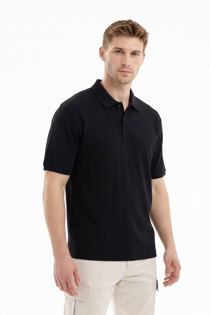 Men Black Striped Polo Collar T-shirt