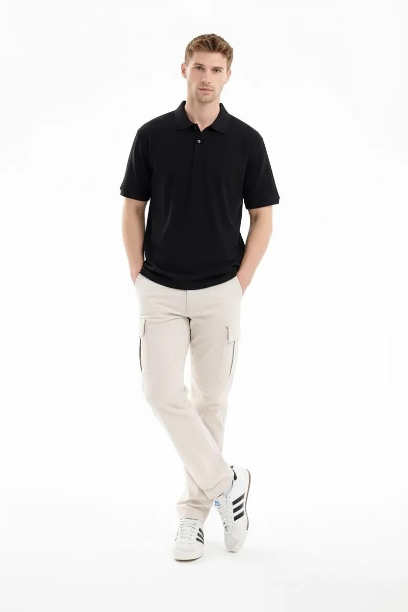 Men Black Striped Polo Collar T-shirt