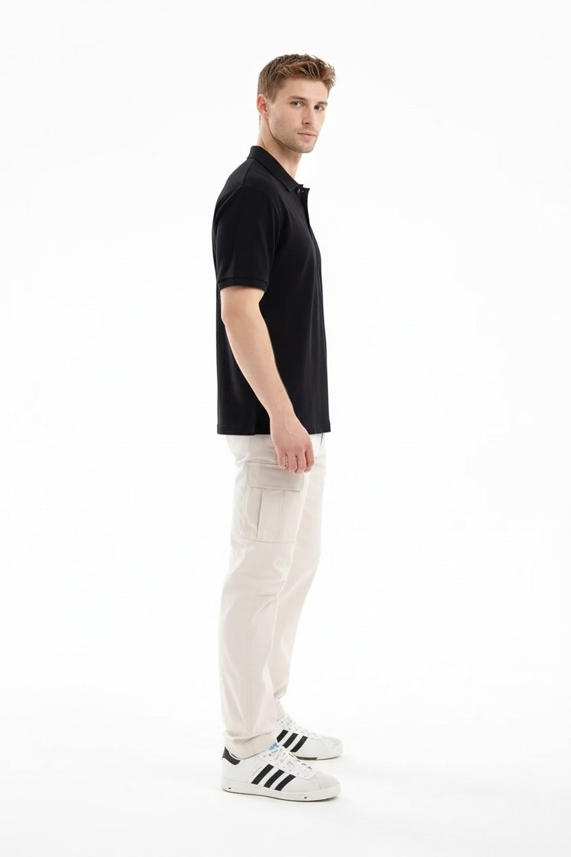 Men Black Striped Polo Collar T-shirt