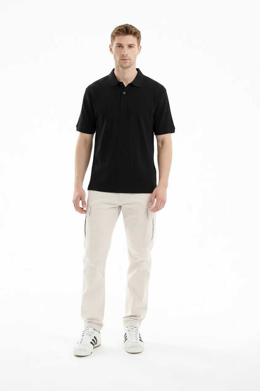 Men Black Striped Polo Collar T-shirt