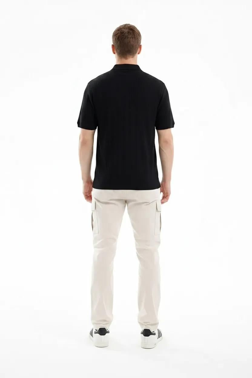 Men Black Striped Polo Collar T-shirt