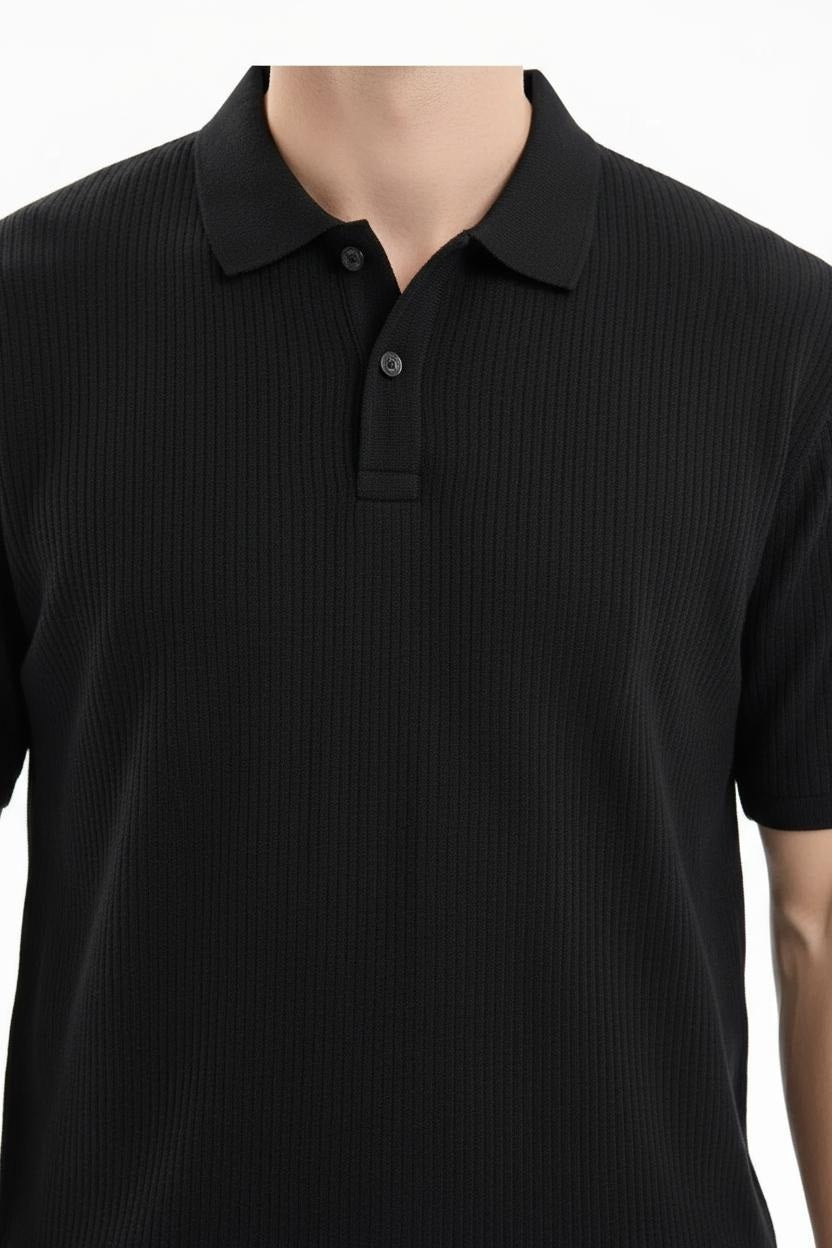Men Black Striped Polo Collar T-shirt