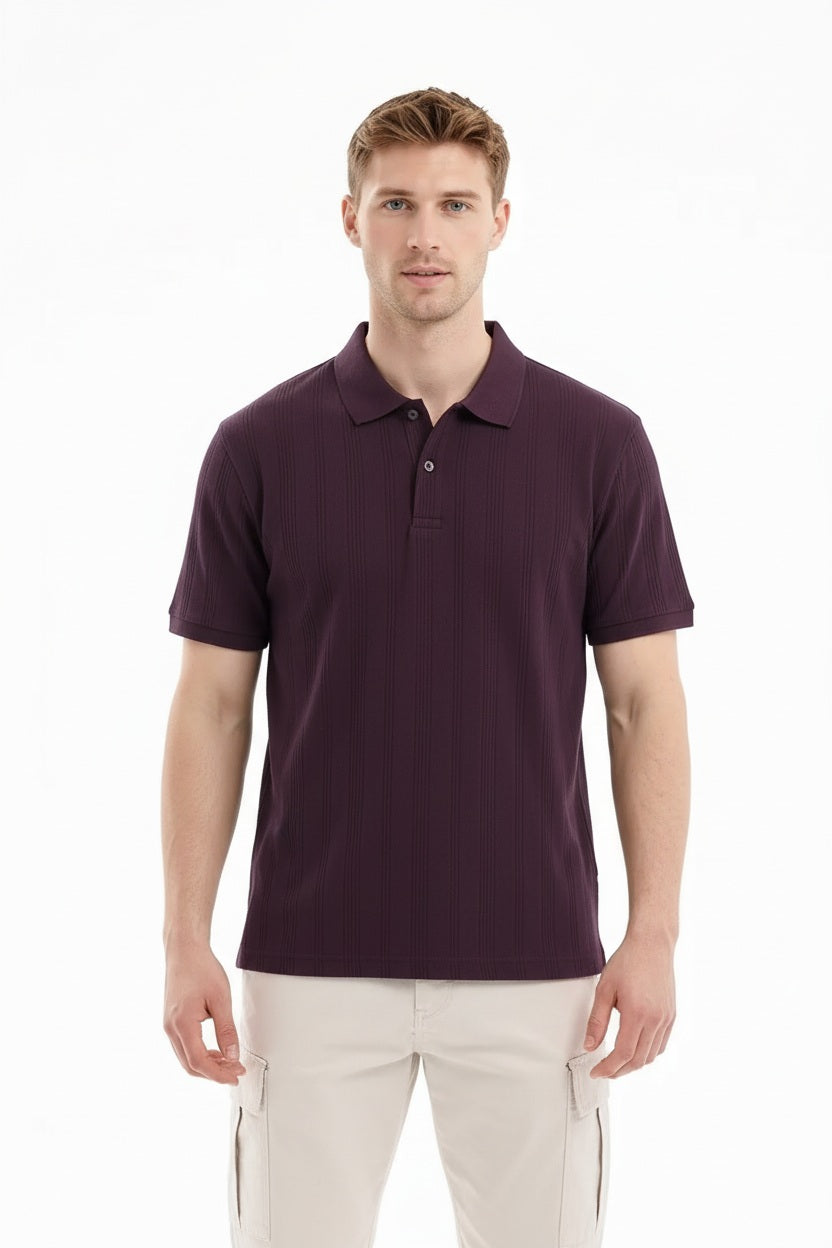 Men Wine Striped Polo Collar T-shirt