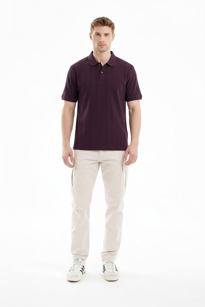Men Wine Striped Polo Collar T-shirt