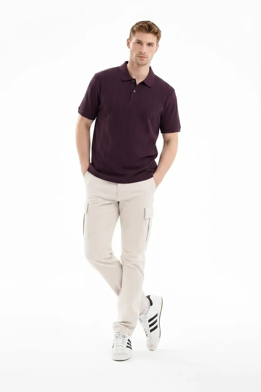 Men Wine Striped Polo Collar T-shirt