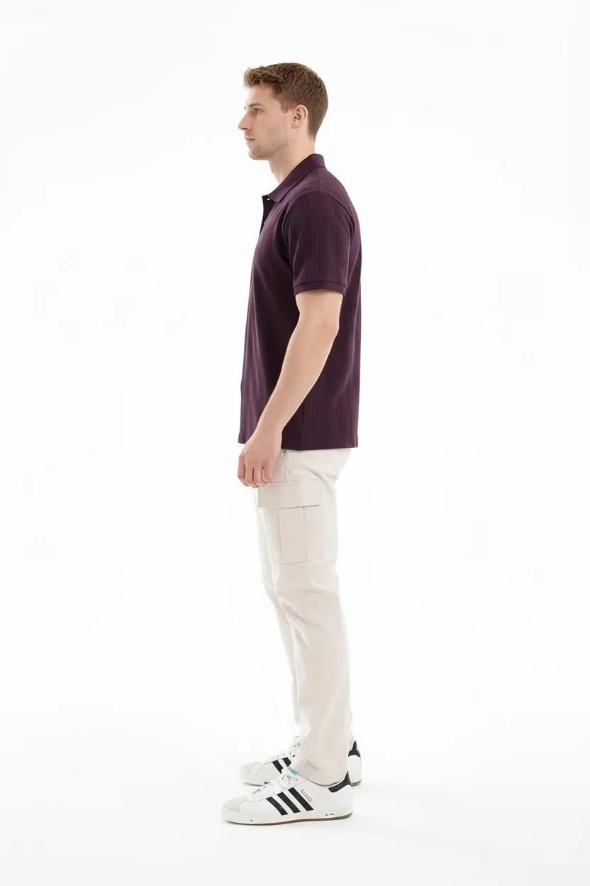 Men Wine Striped Polo Collar T-shirt