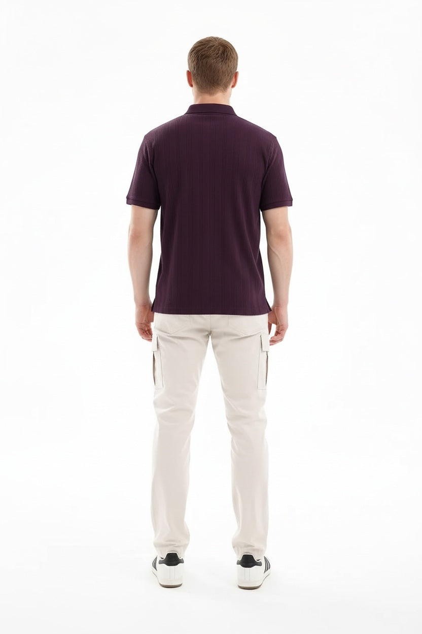 Men Wine Striped Polo Collar T-shirt