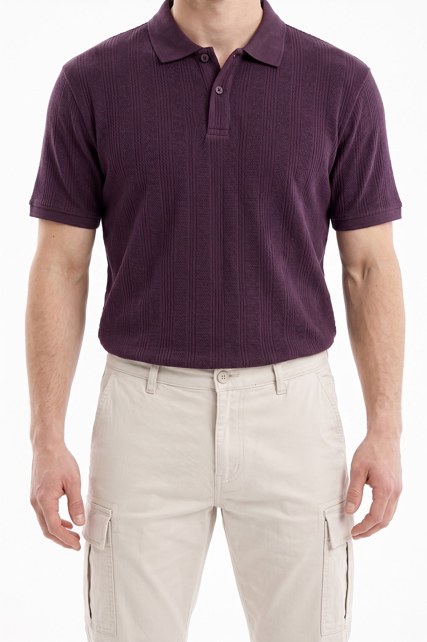 Men Wine Striped Polo Collar T-shirt