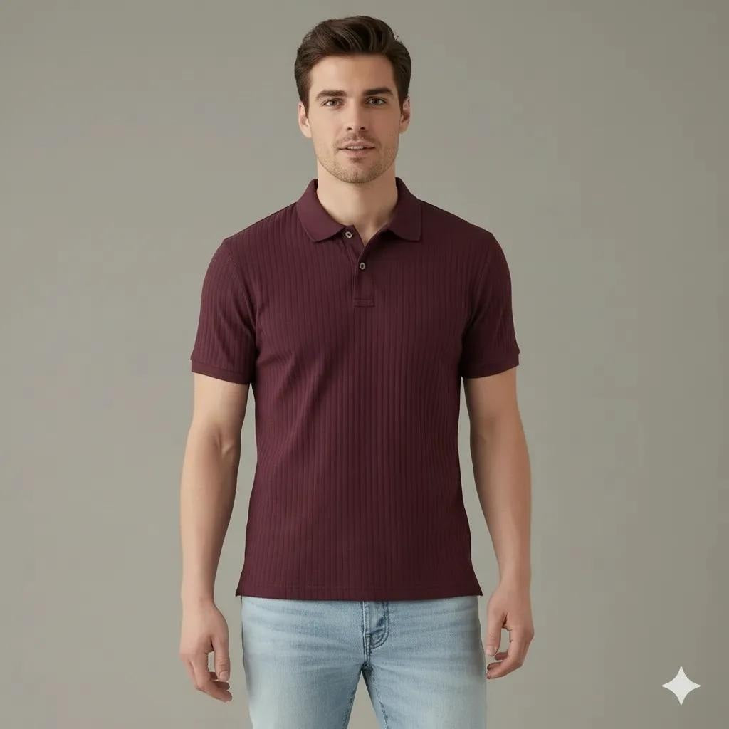 Men Wine Polo Collar Solid T-shirt
