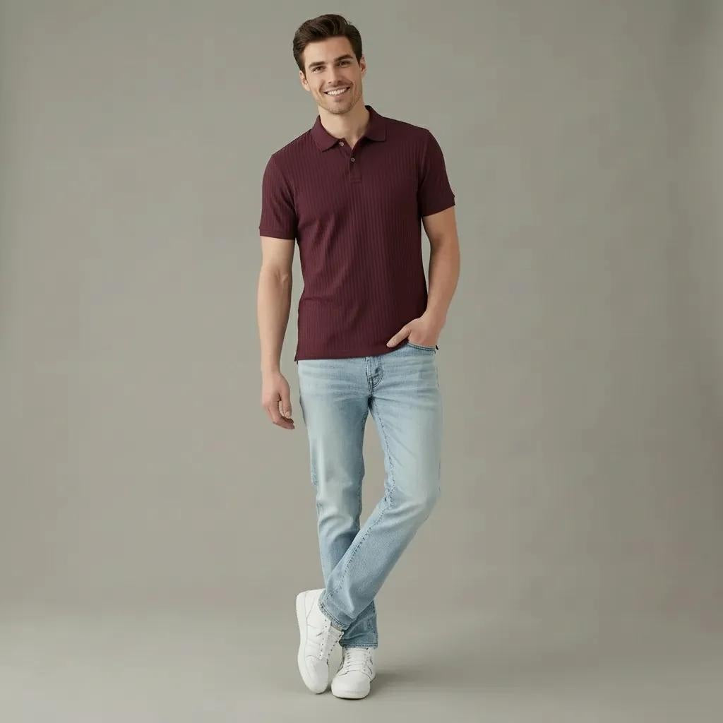 Men Wine Polo Collar Solid T-shirt