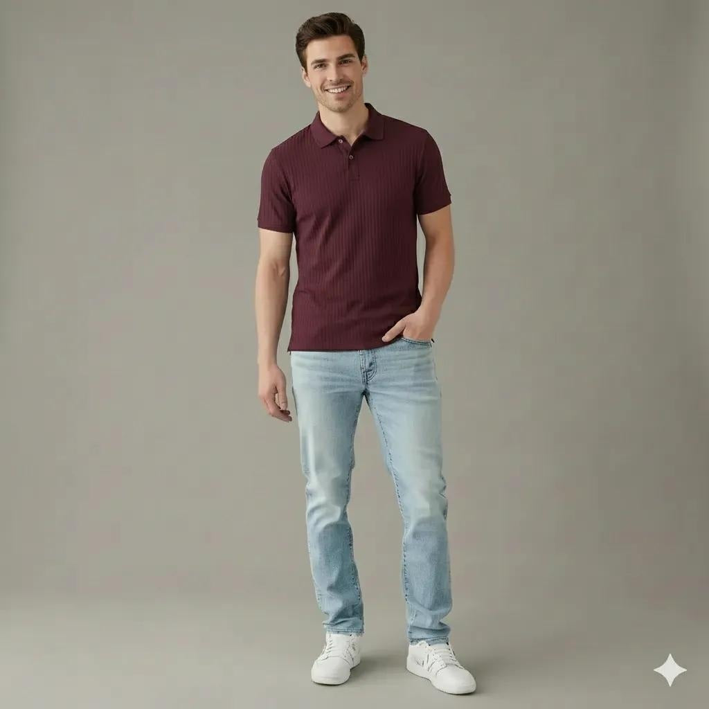 Men Wine Polo Collar Solid T-shirt
